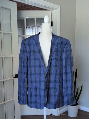Ben Sherman Blue Plaid Sport Coat Blazer 44 R